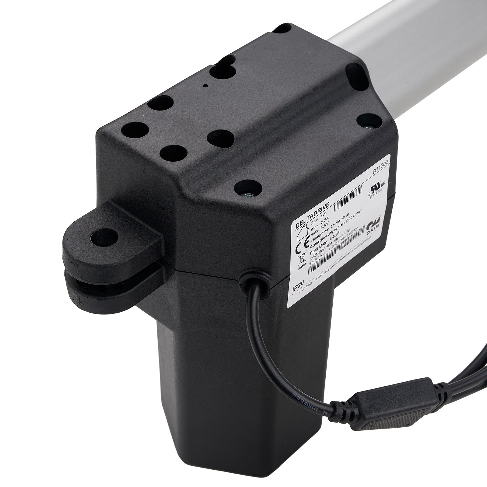 Black electrical cable with plug and socket on a white background