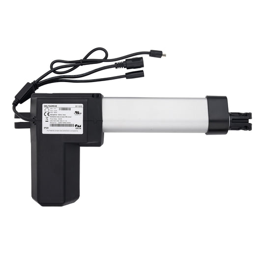 Linear actuator with black casing and white cylindrical component on a white background