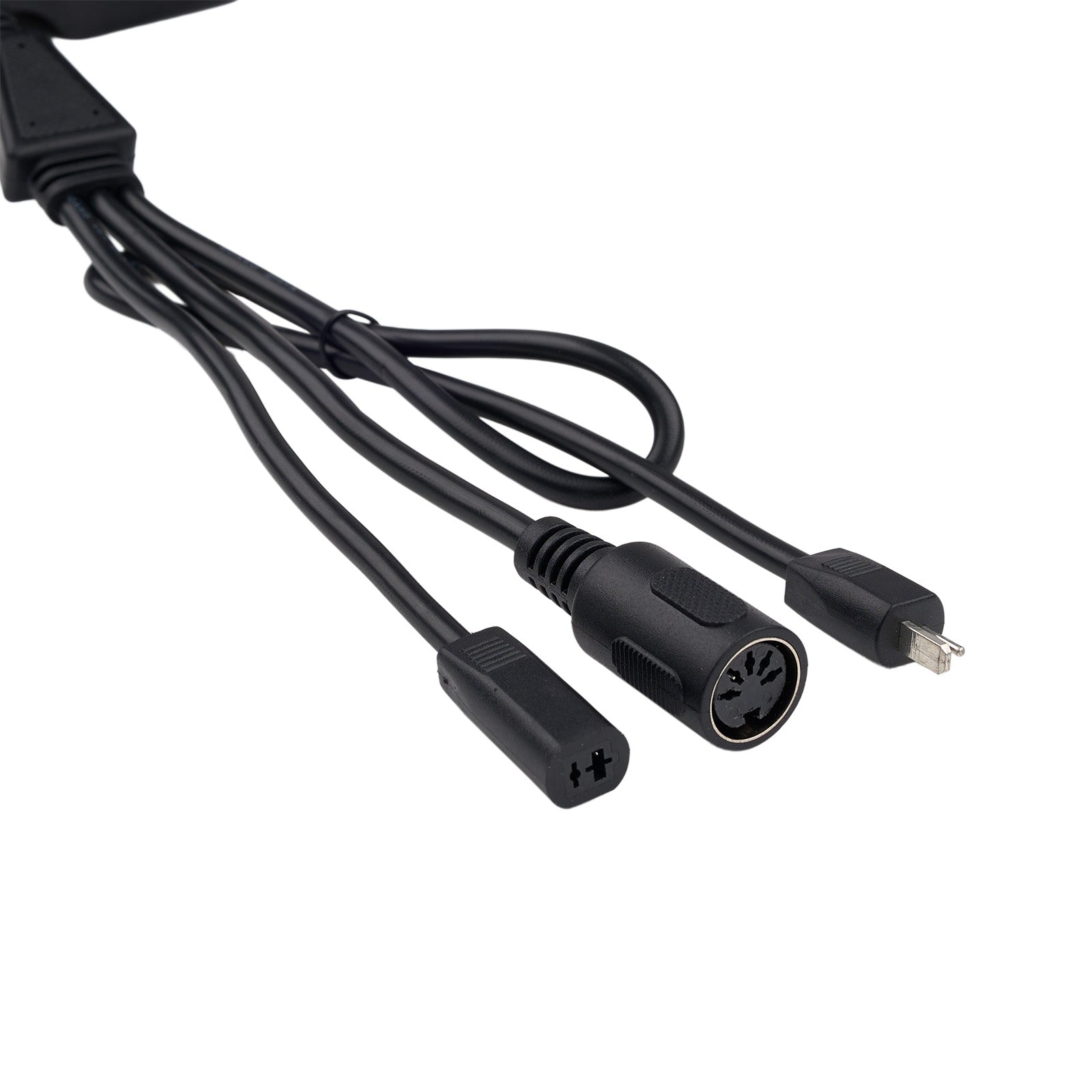 Black extension cable with various connectors on a white background