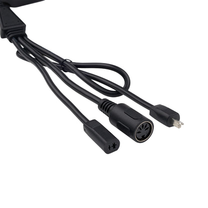 Black extension cable with various connectors on a white background