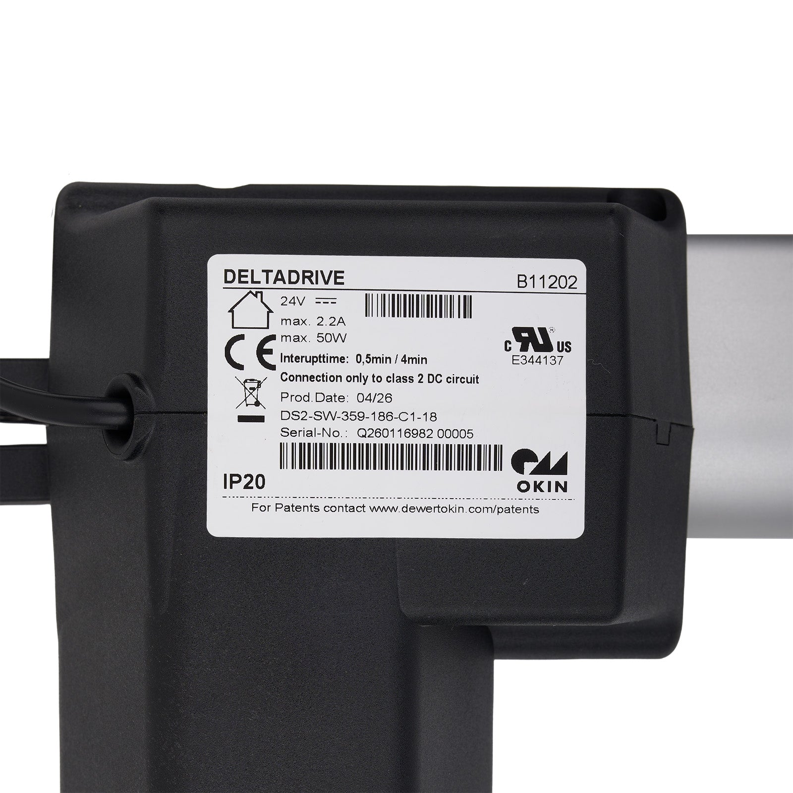 Mechanical component with a white bar and black housing on a white background