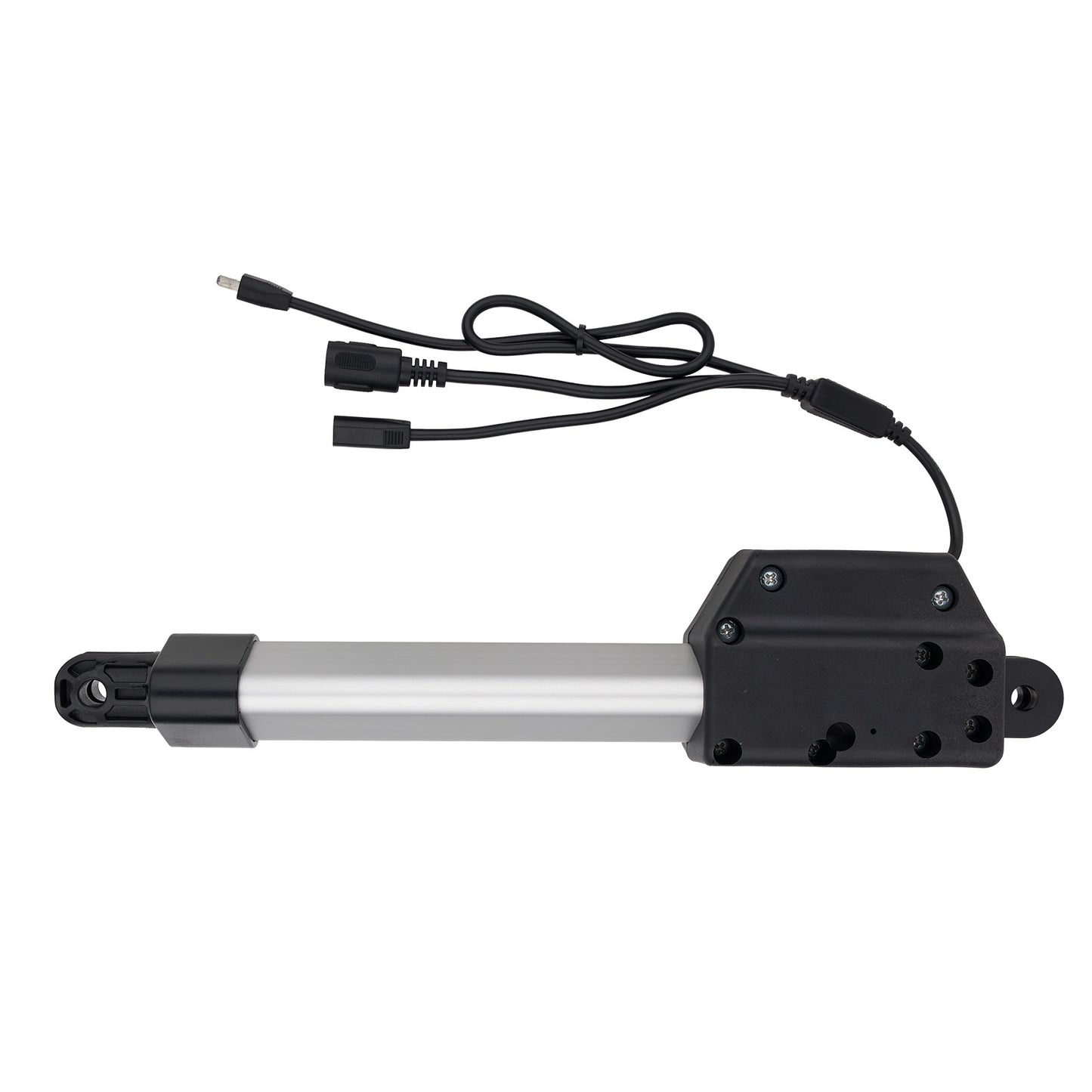 Black cylindrical device with a white label on a white background