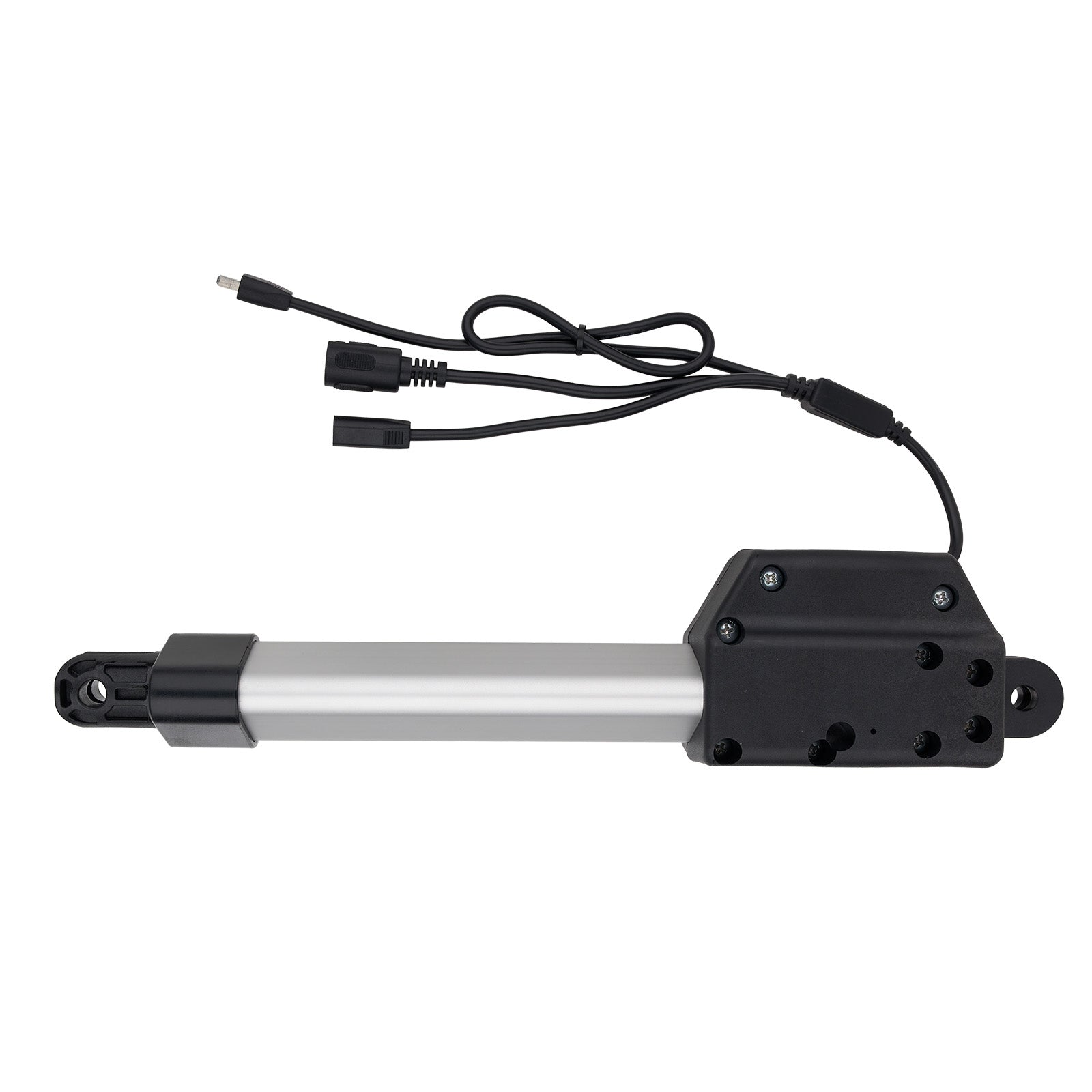 Black cylindrical device with a white label on a white background