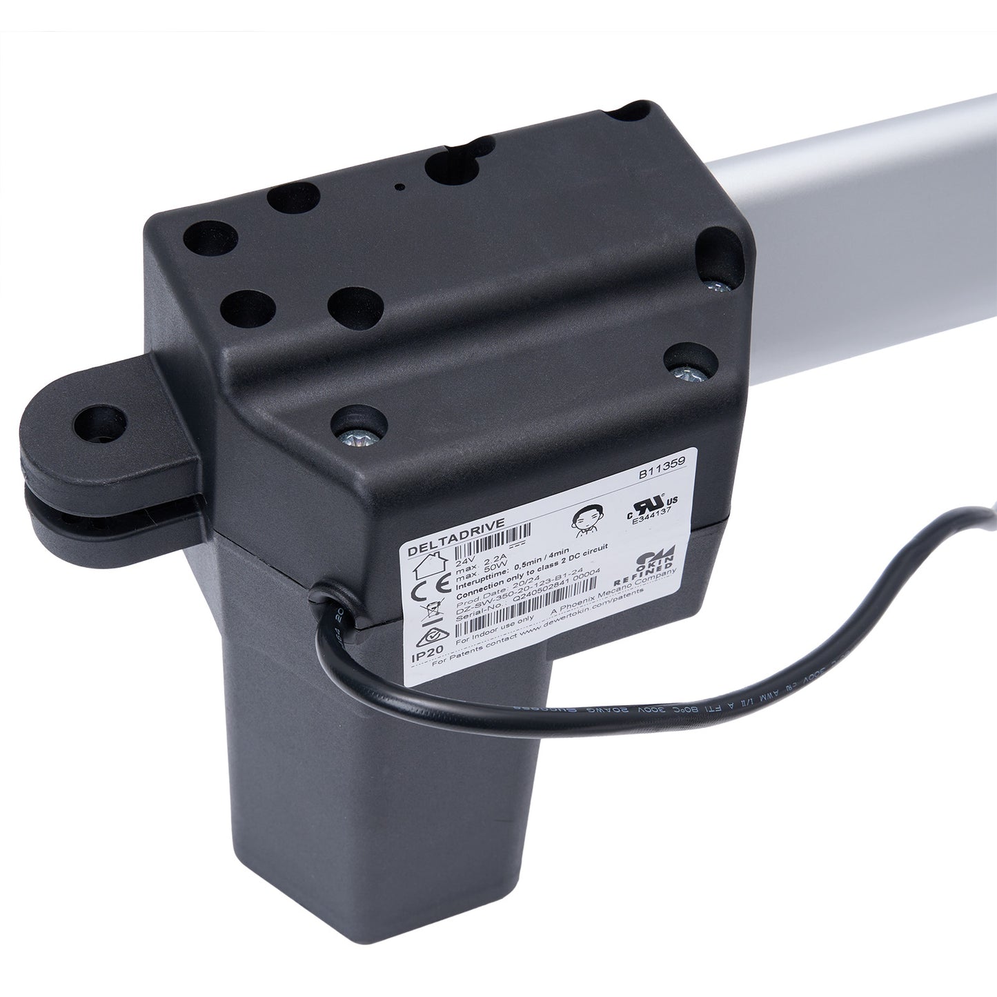 Black electrical component with a label on a white background