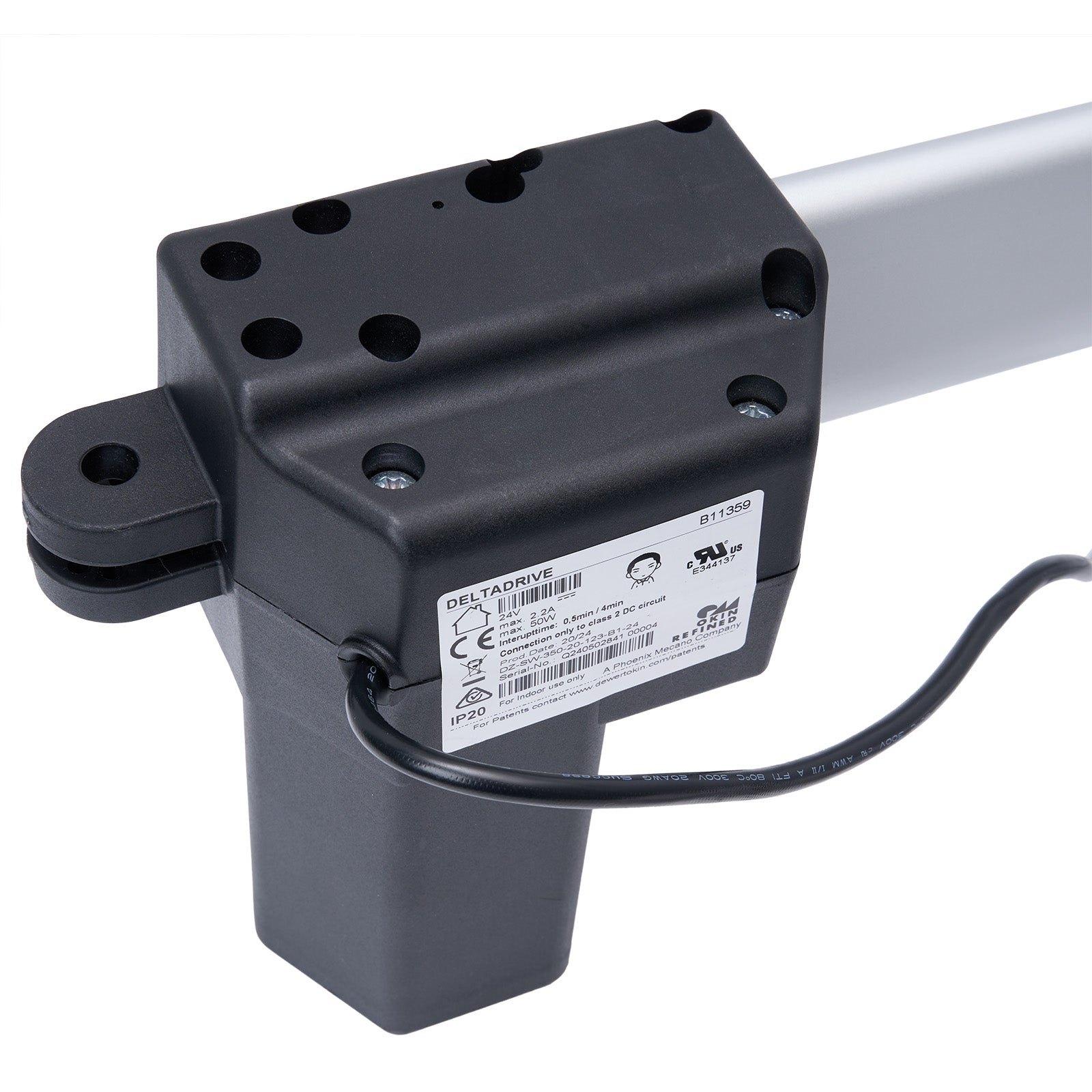 Black electrical component with a label on a white background