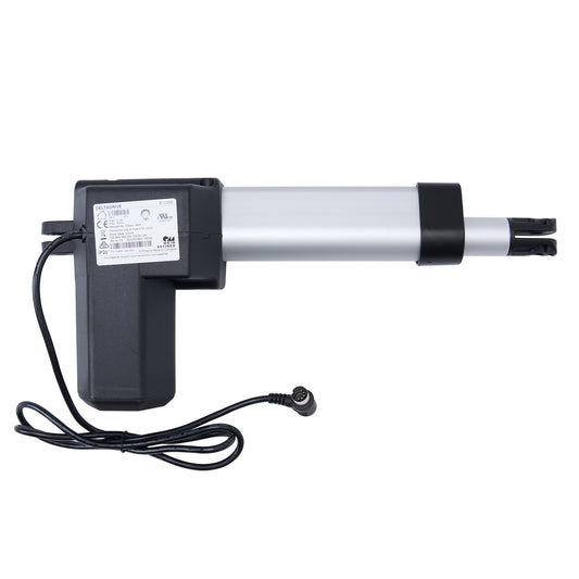 Electric actuator with a label on a white background