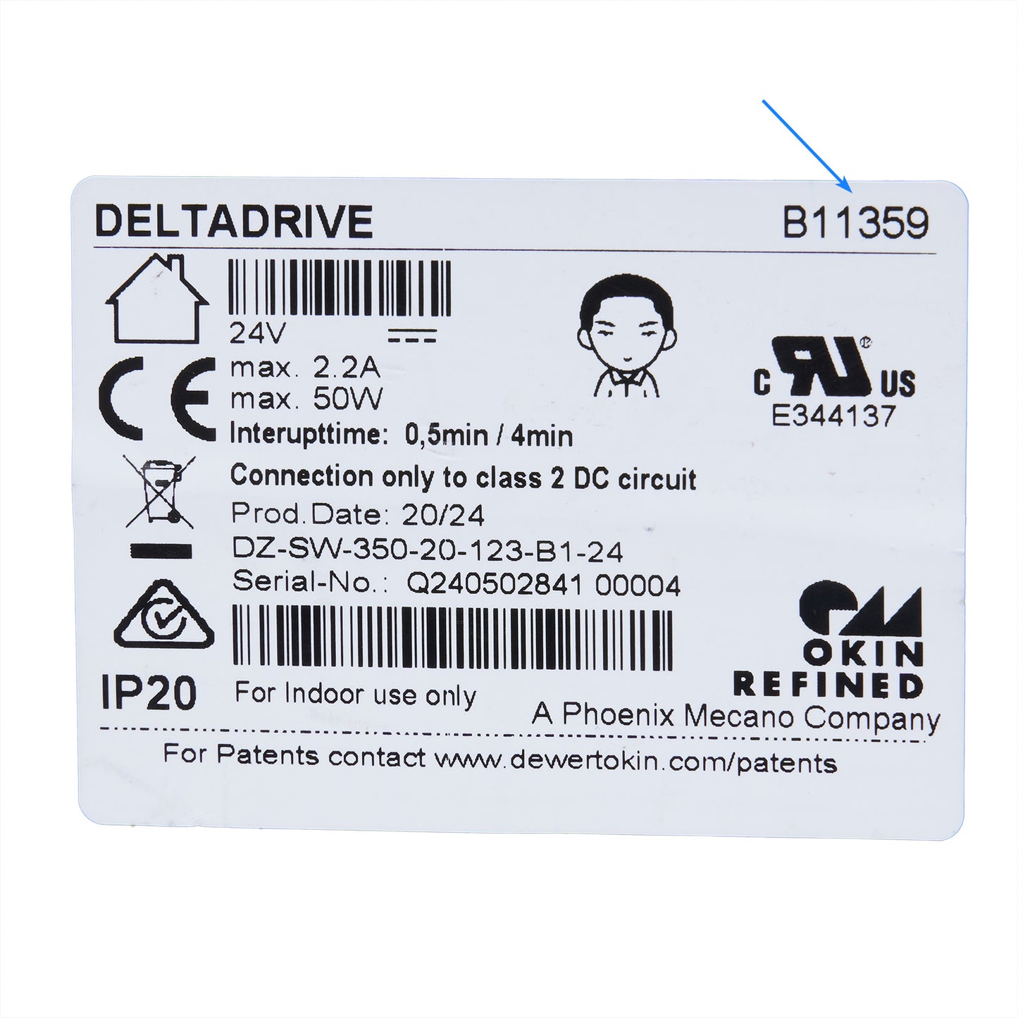 Technical label with various symbols, text, and logos on a white background