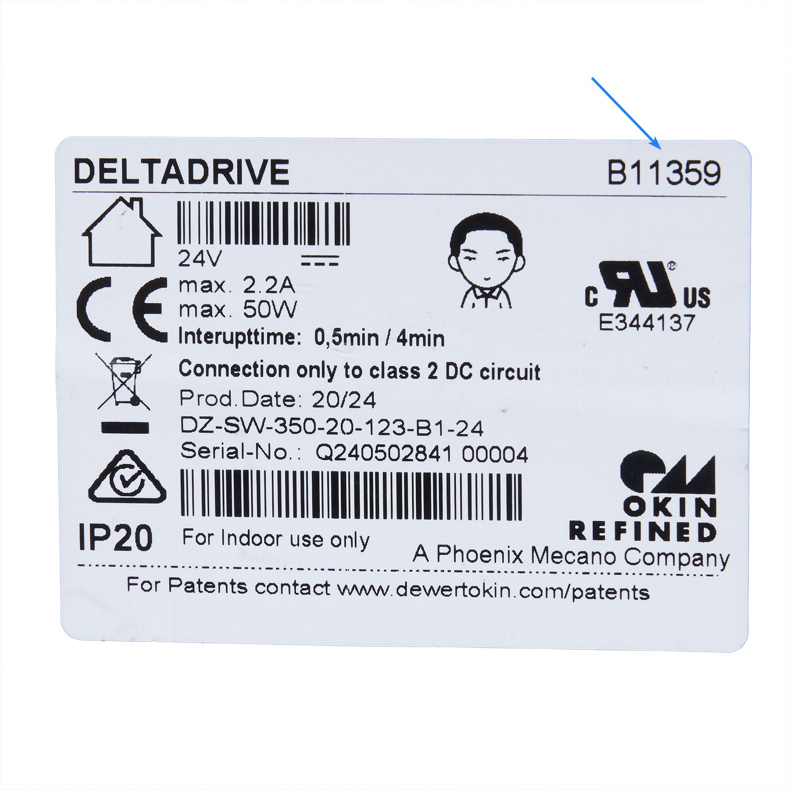 Technical label with various symbols, text, and logos on a white background