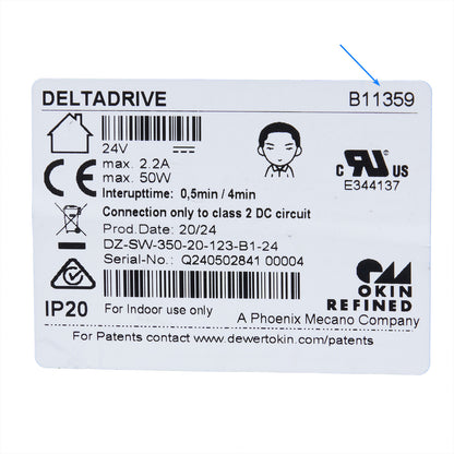 Technical label with various symbols, text, and logos on a white background