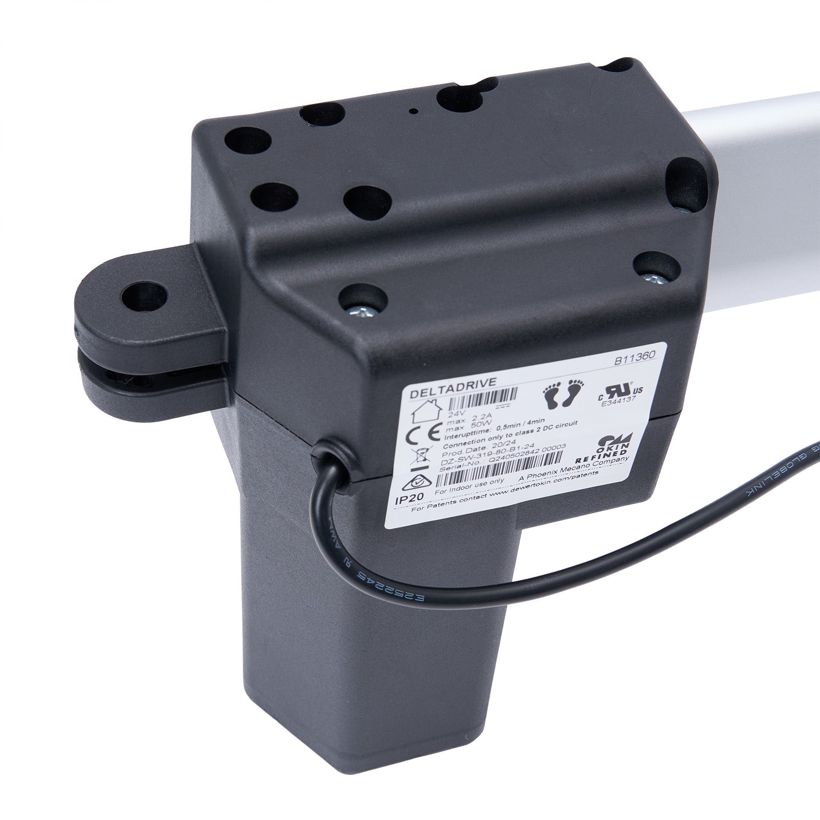 Black electronic component with visible branding on a white background