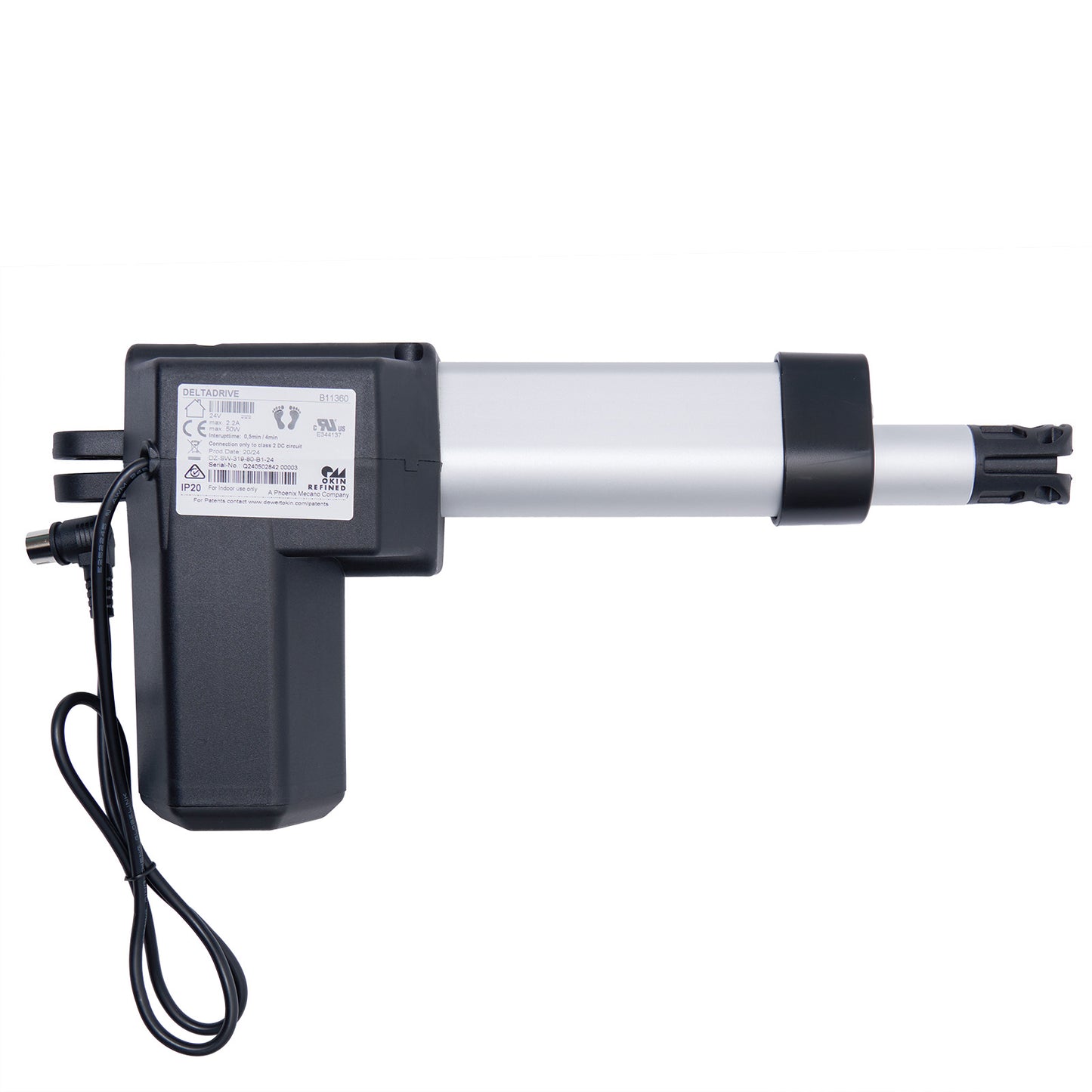 Electric actuator with black housing and white cylindrical component on a white background