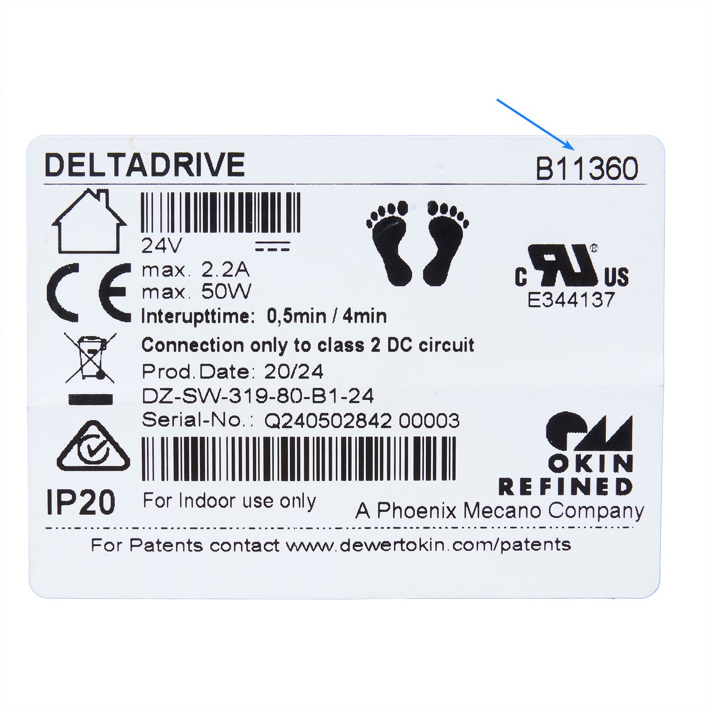 Technical label with various symbols, text, and branding on a white background