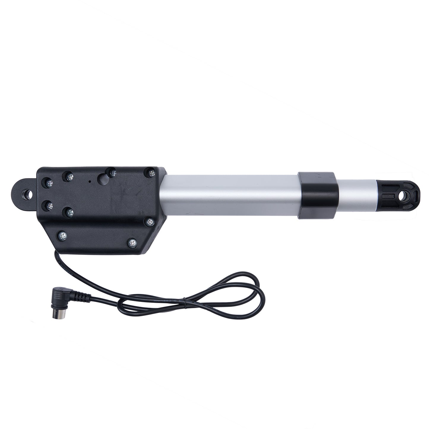 Electric actuator with a black housing and silver rod on a white background