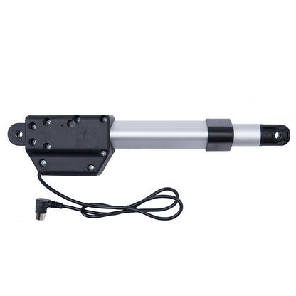 Electric actuator with a black housing and silver rod on a white background