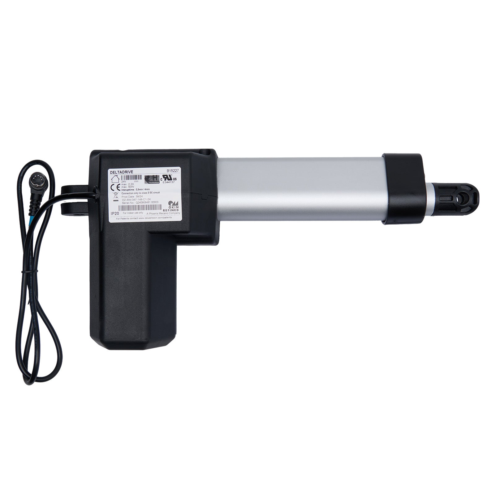 OKIN DELTADRIVE B15227 linear actuator for adjustable bed, showing the actuator body with a connected power cable and plug.