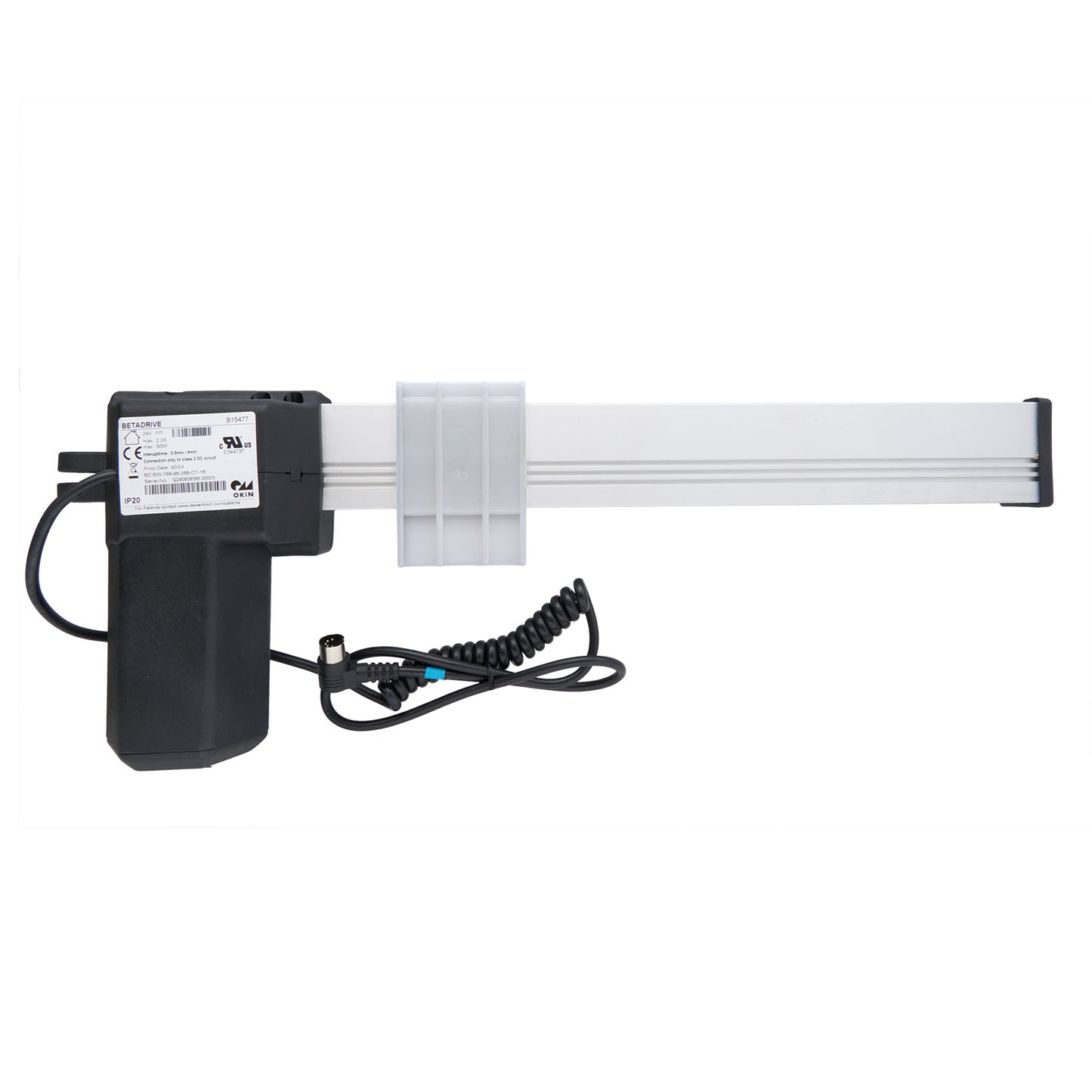 OKIN BETADRIVE B15477 linear actuator for adjustable beds, showing the actuator body, connected to a power source and a control box, with a predominantly black and white color scheme.