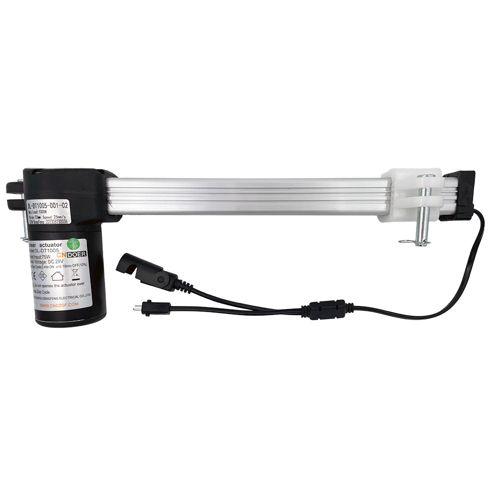 A CNDOER DL-DT1005-001-02 linear actuator motor with a black body, silver shaft, and attached electrical cables.