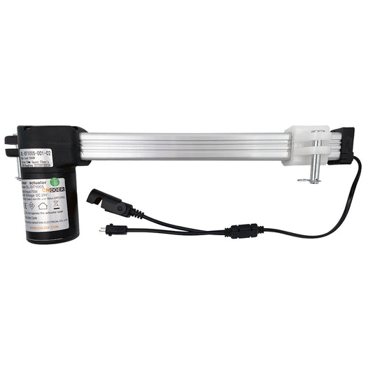 A CNDOER DL-DT1005-001-02 linear actuator motor with a black body, silver shaft, and attached electrical cables.