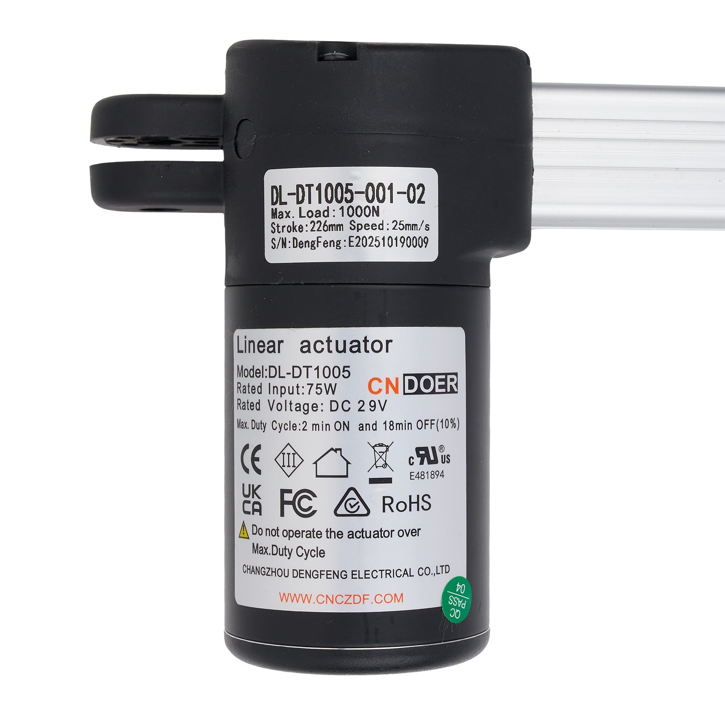 Linear actuator with CNDoer branding on a white background