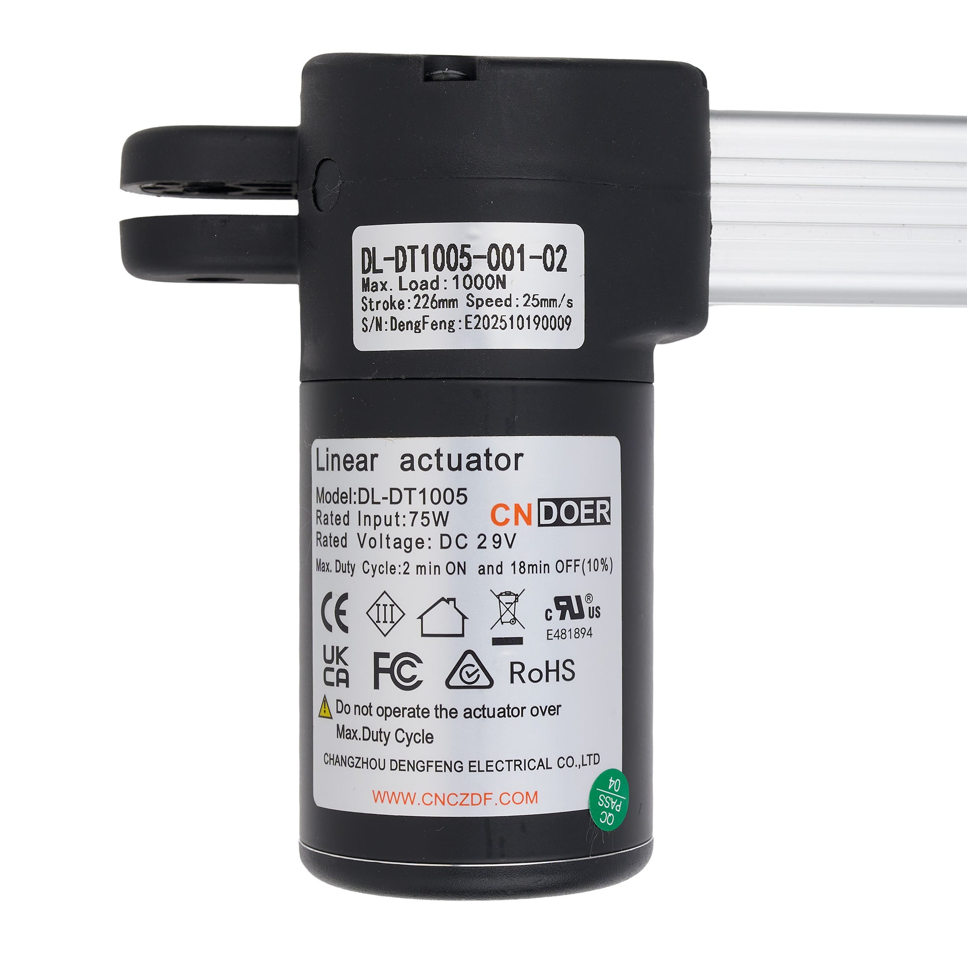 Linear actuator with CNDoer branding on a white background
