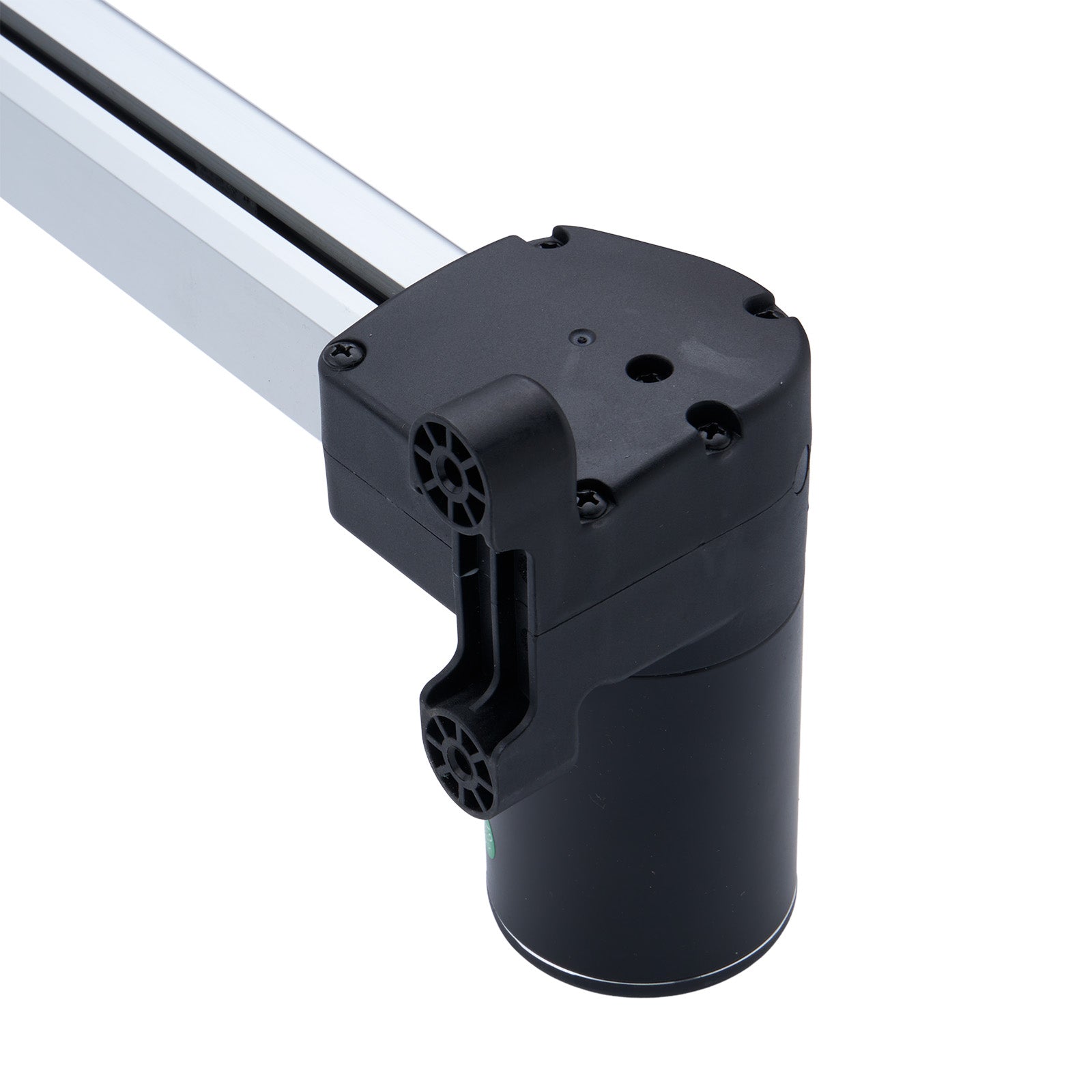 Black cylindrical component with white rod on a white background