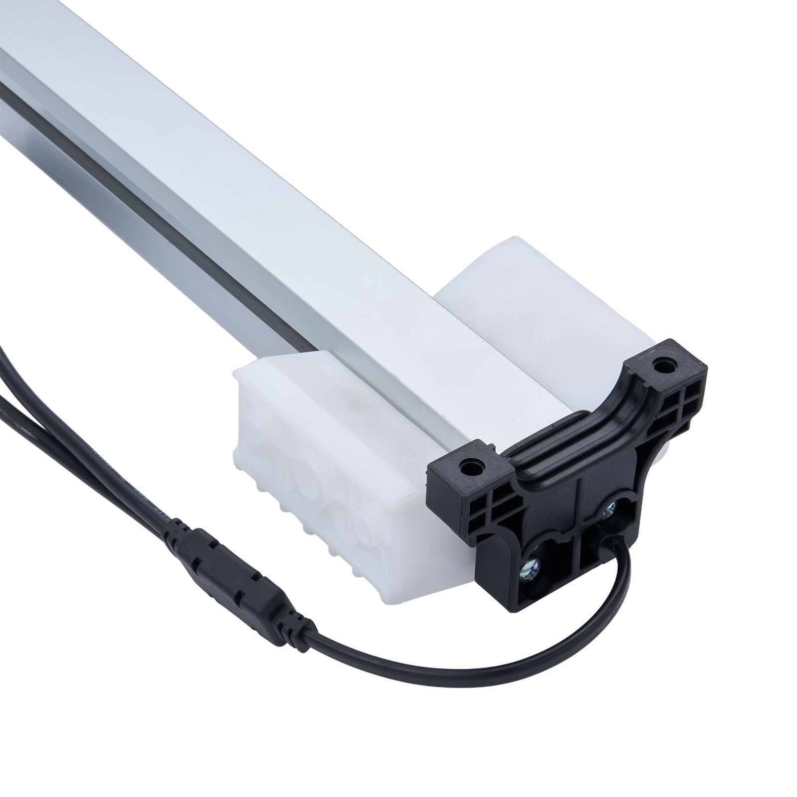 Light fixture with white tube and black electrical connector on a white background