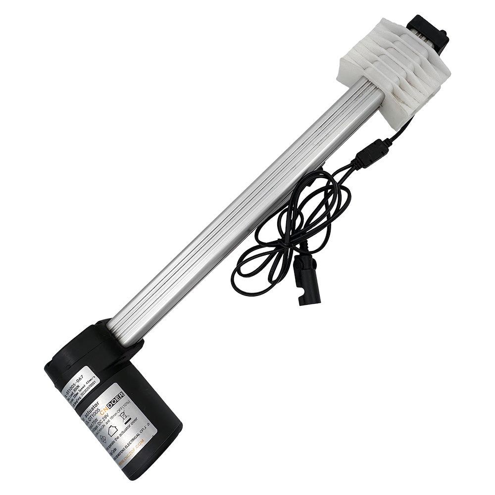 A silver linear actuator motor with a black remote control unit, connected by two cables.