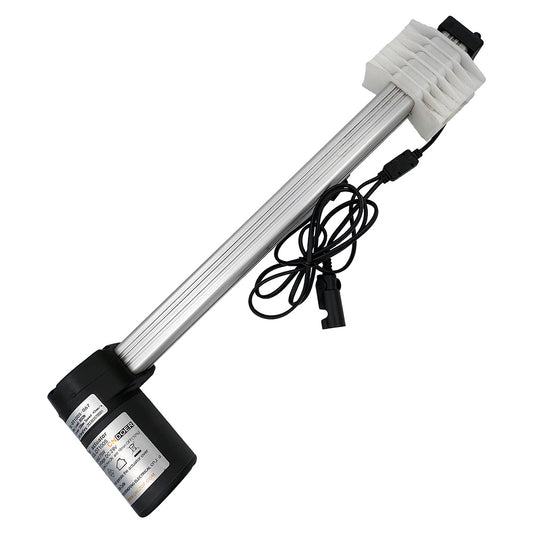 A silver linear actuator motor with a black remote control unit, connected by two cables.