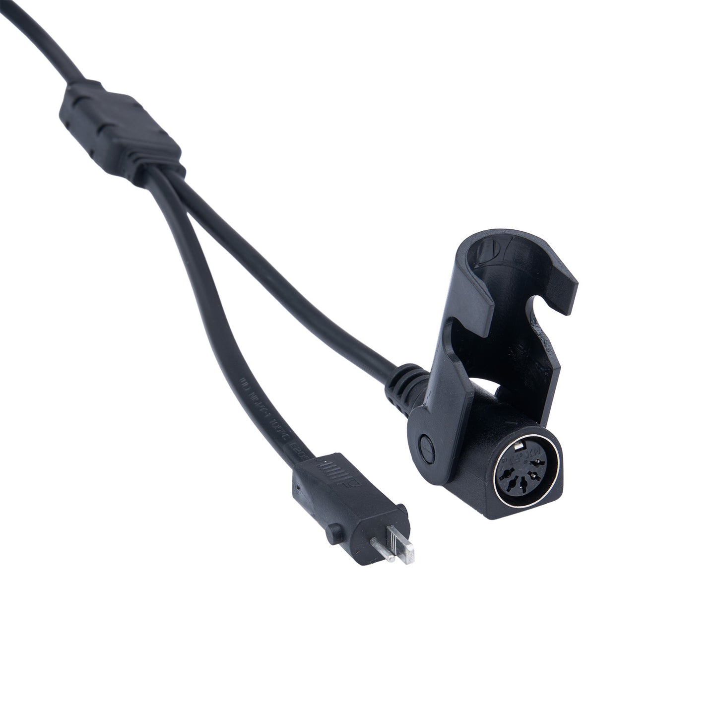Black audio cable with plug and clip on a white background