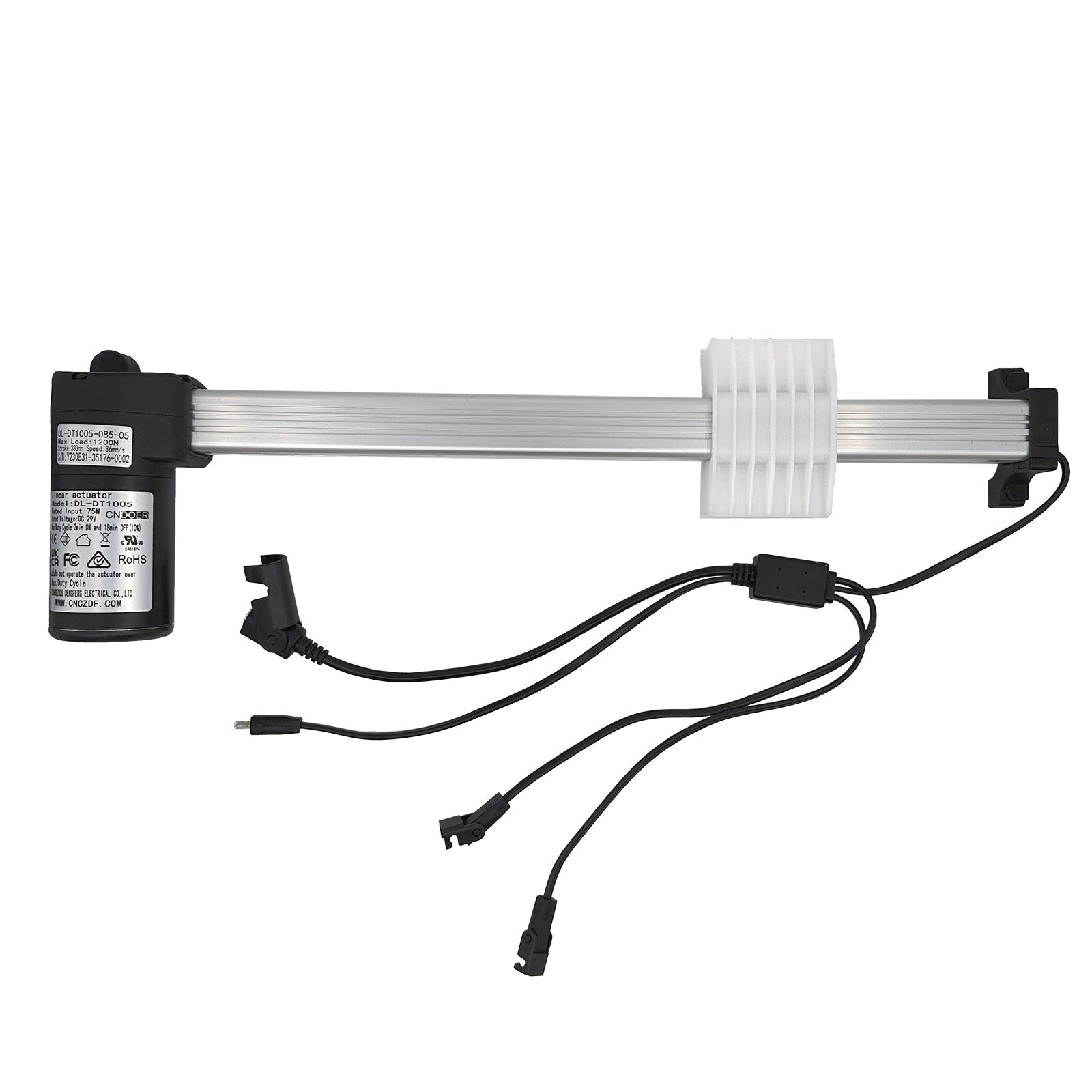 A linear actuator for recliner or lift chair, including the motor, shaft, and electrical connectors, primarily black and silver in color.