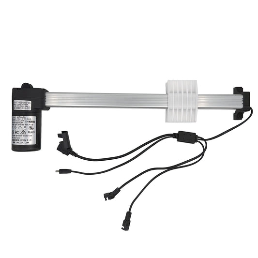 A linear actuator for recliner or lift chair, including the motor, shaft, and electrical connectors, primarily black and silver in color.