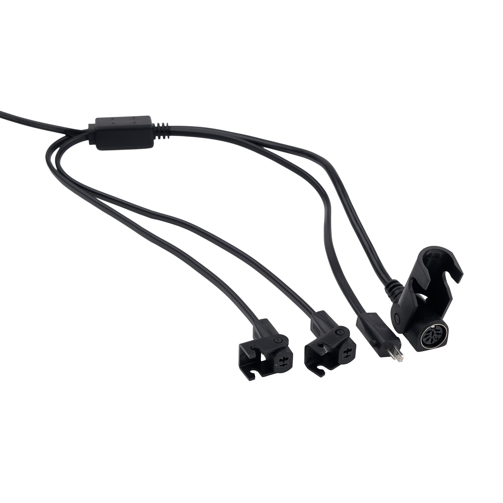Black cable with multiple connectors on a white background