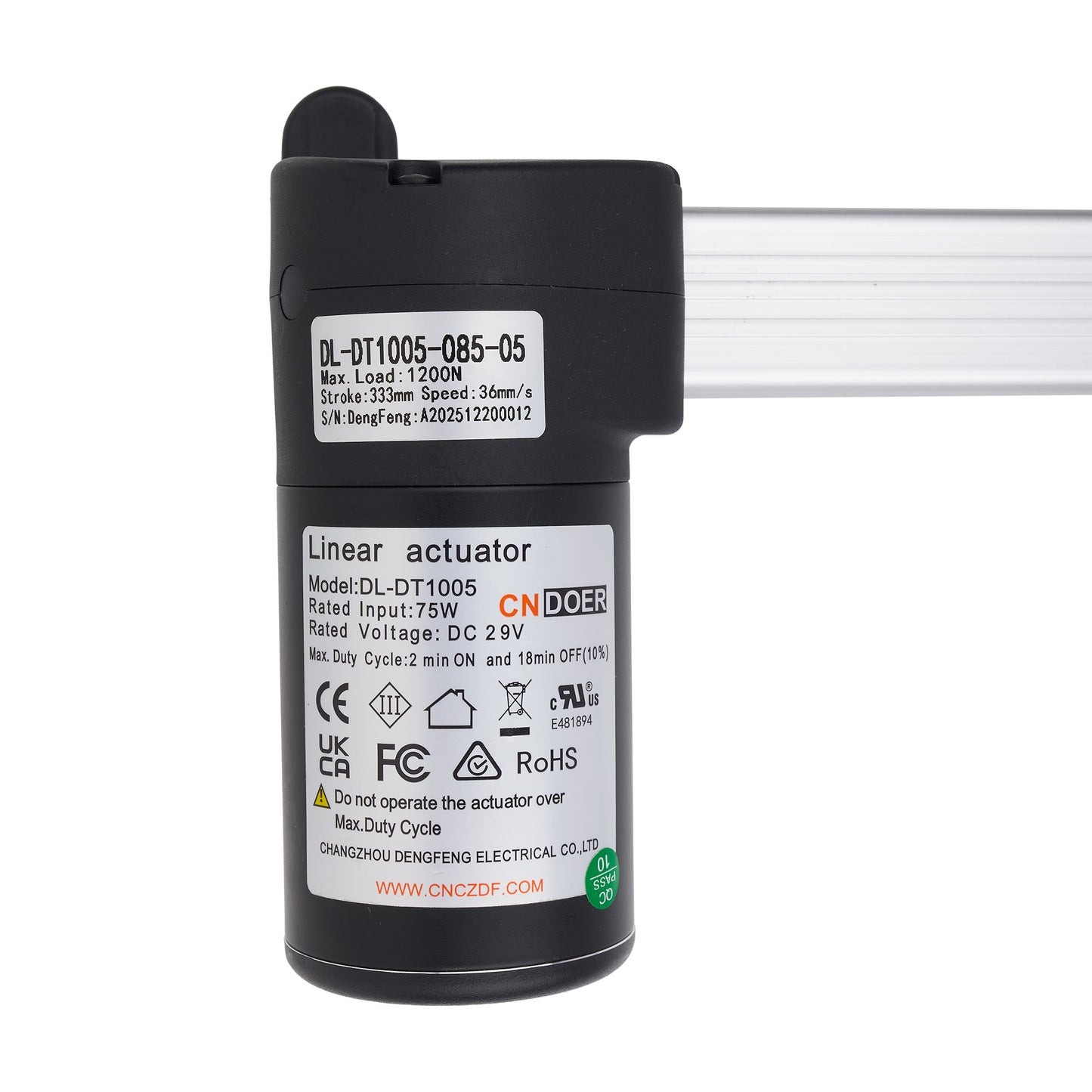 Linear actuator with CNDOER branding on a white background