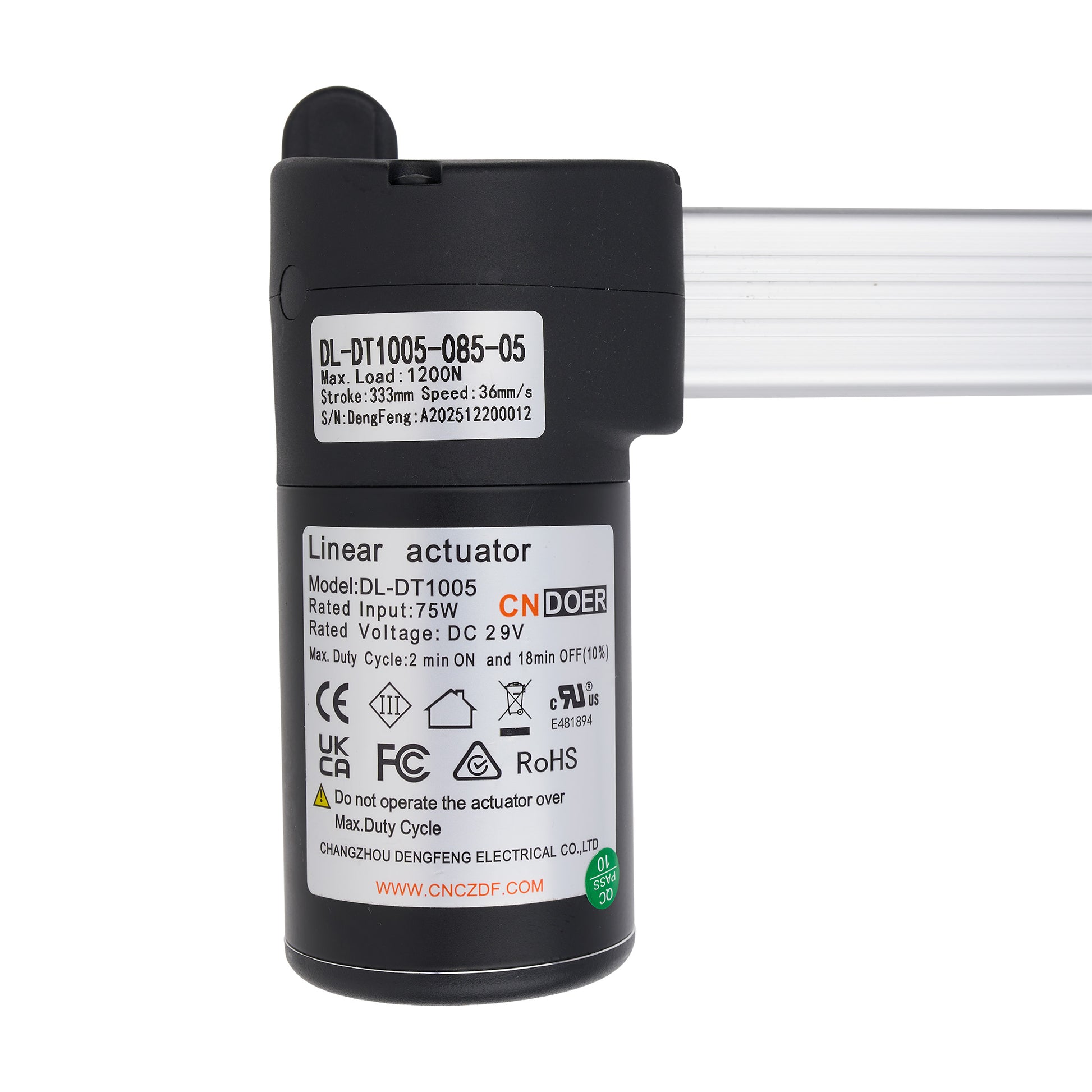 Linear actuator with CNDOER branding on a white background