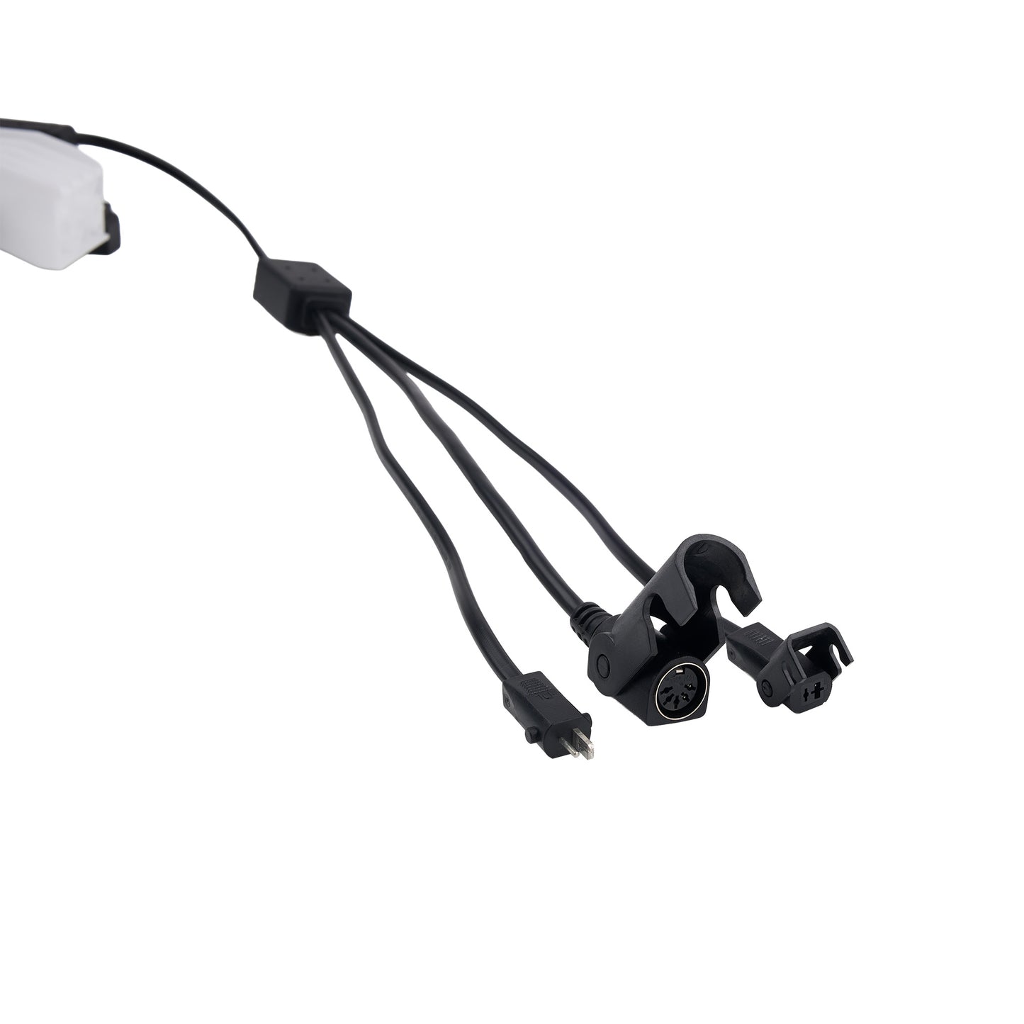 Black camera mount with multiple cables on a white background
