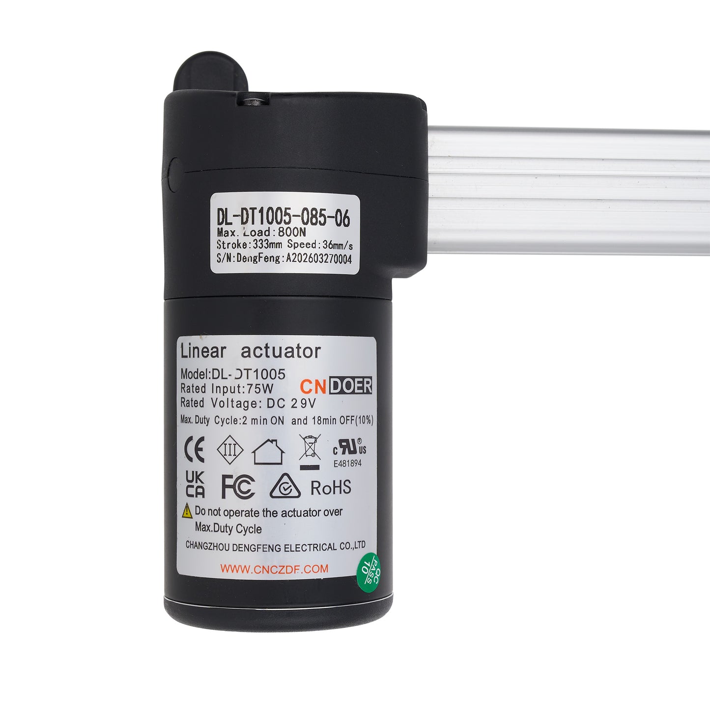 Linear actuator with label on a white background