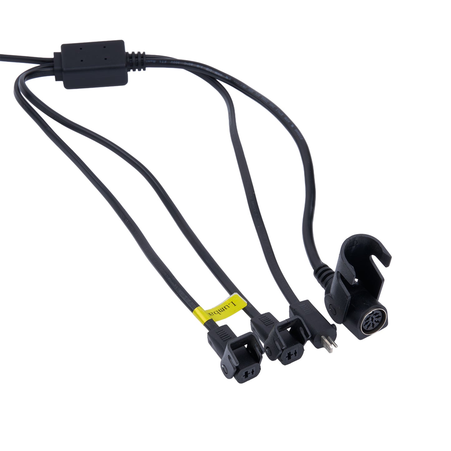 Black cable with connectors on a white background