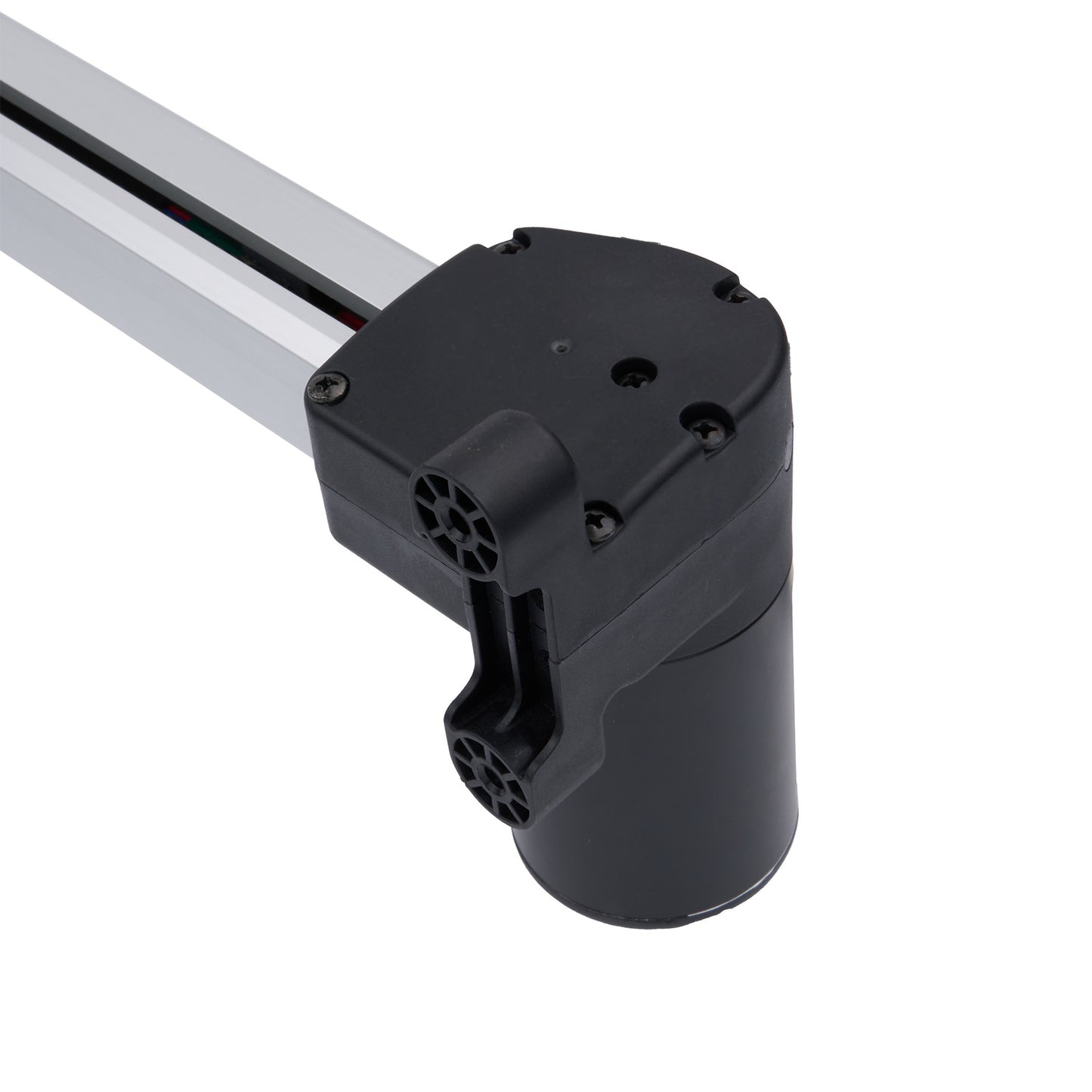 Black cylindrical component with multiple ports on a white background