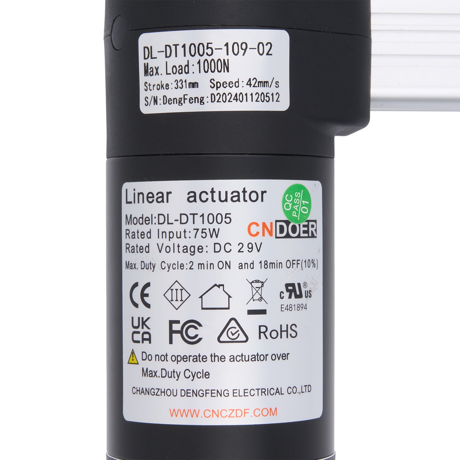 Linear actuator with label displaying specifications and branding on a white background
