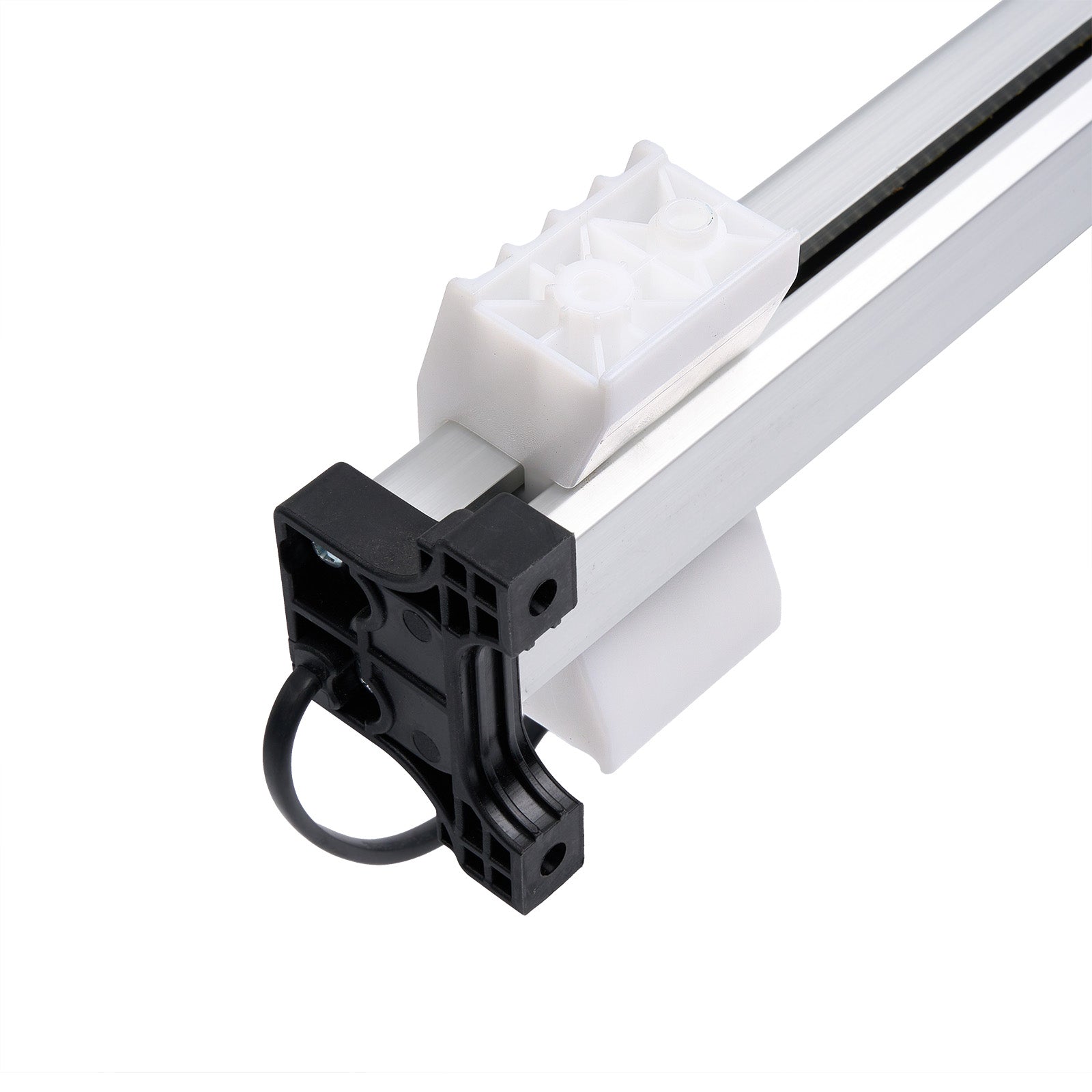 Close-up of a mechanical component with white plastic parts and black metal bracket on a white background