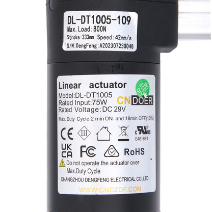 Linear actuator with label displaying specifications and branding on a white background