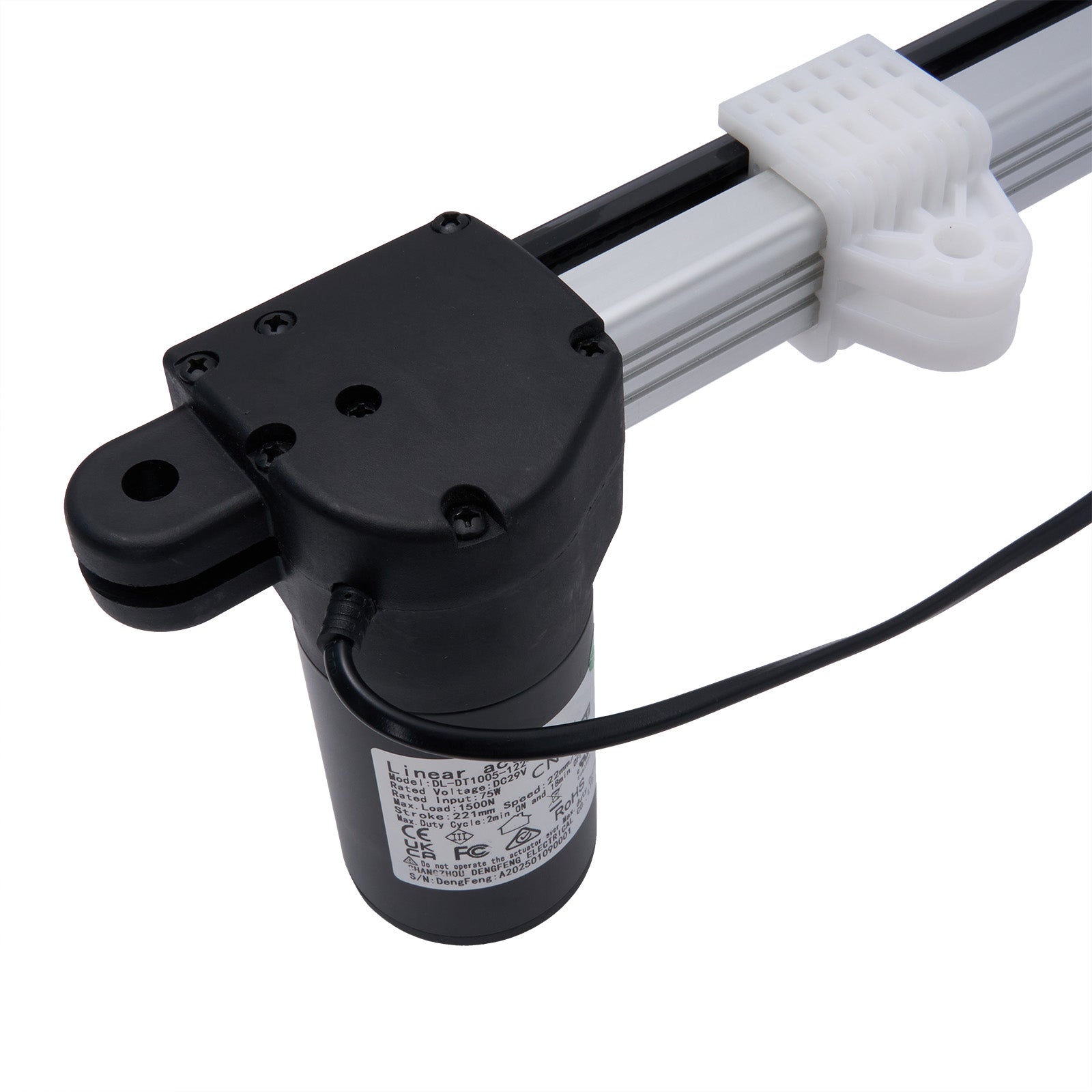 Linear actuator with black housing and white cable on a white background