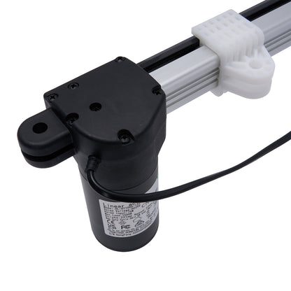 Linear actuator with black housing and white cable on a white background