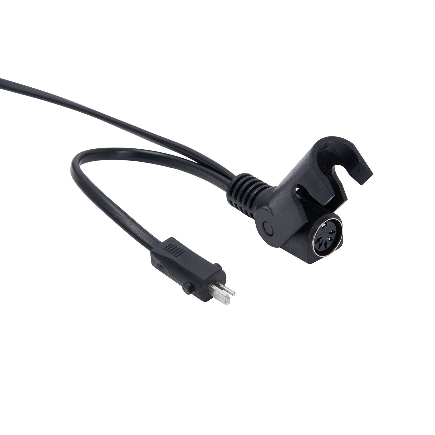 Black audio cable with plug and connector on a white background