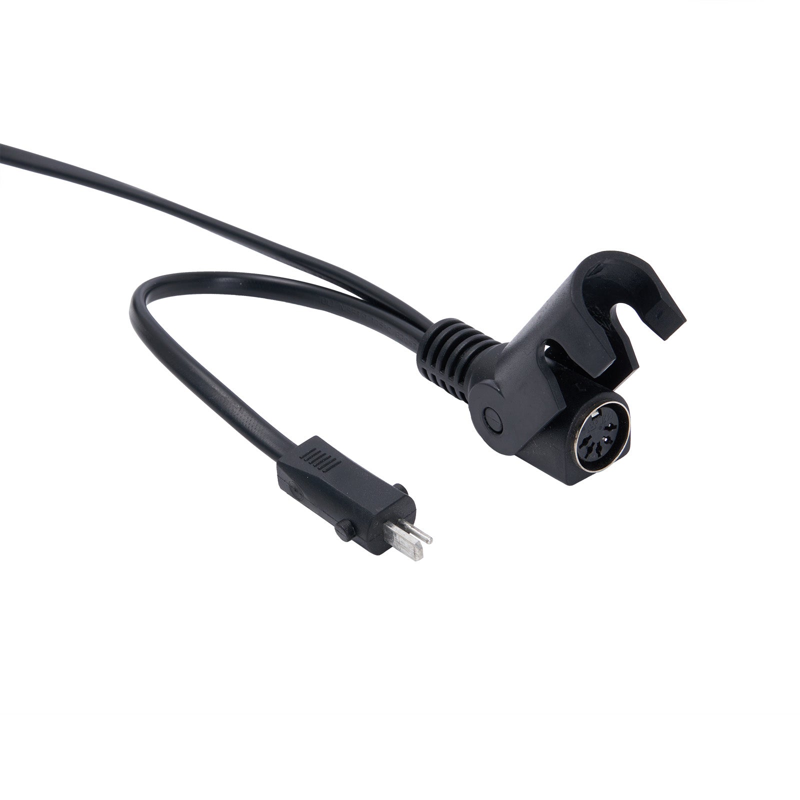 Black audio cable with plug and connector on a white background