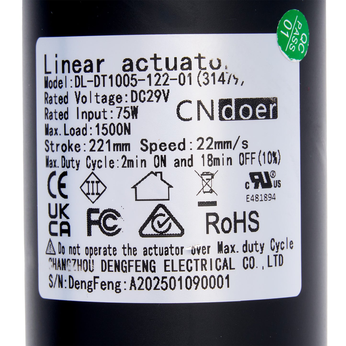 Label on a black cylindrical product with technical specifications and branding.