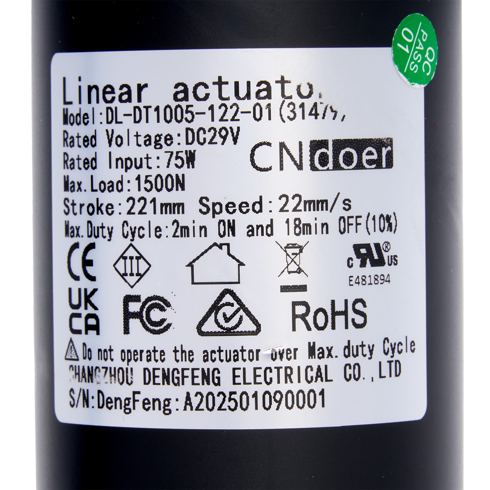 Label on a black cylindrical product with technical specifications and branding.