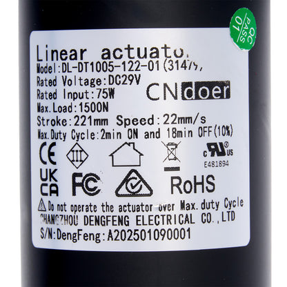 Label on a black cylindrical product with technical specifications and branding.