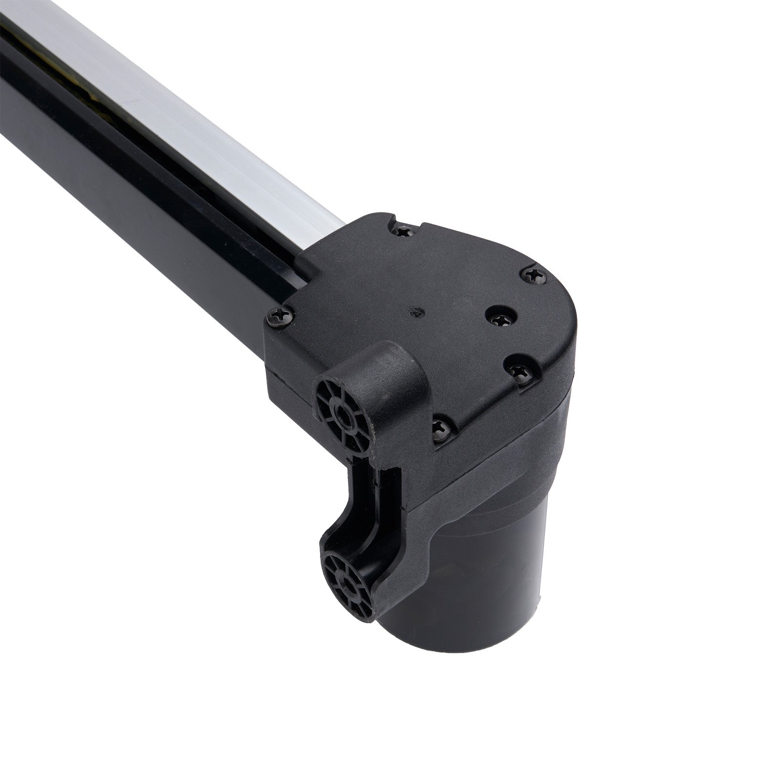 Black car roof rack component on a white background