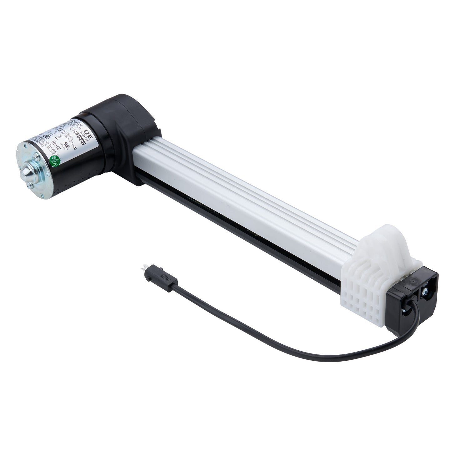 Mechanical component with a white cylindrical body and black connectors on a white background